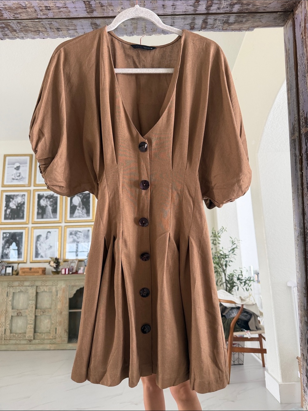 Zara Brown Linen Button-Front Puff Sleeve Mini Dress